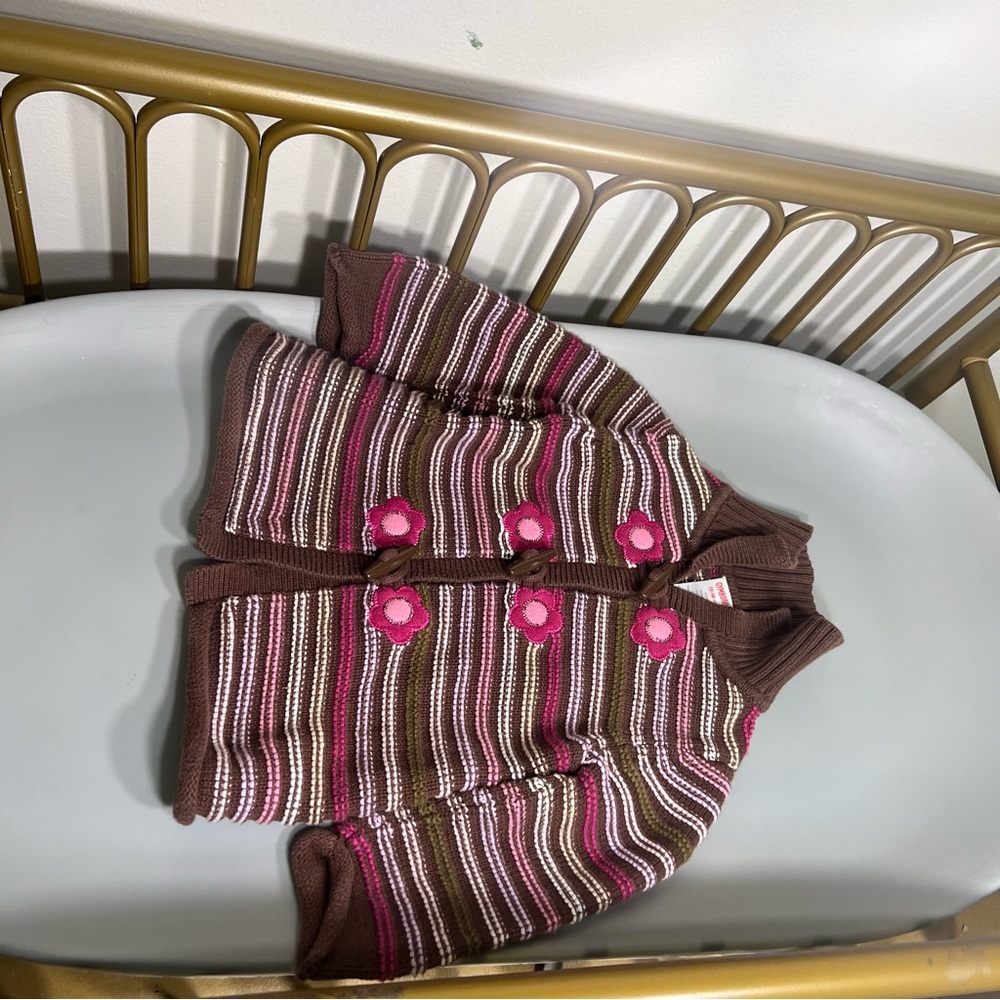 Vintage 100% cotton Striped Brown and Pink Baby girl toddler Cardigan no flaws